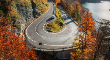 Auto en una carretera curveada.