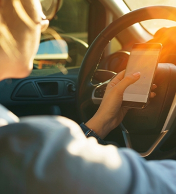 mujer manejando con celular en mano