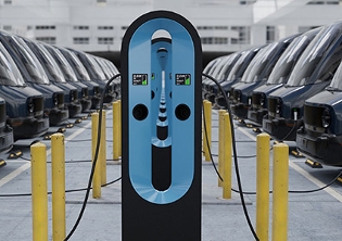 cargador azul de vehoculos eléctricos en garaje