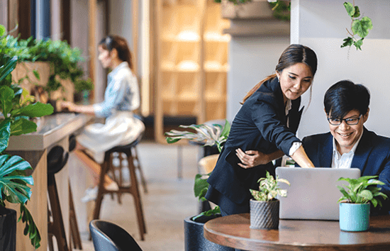 two employees at desk with plants around